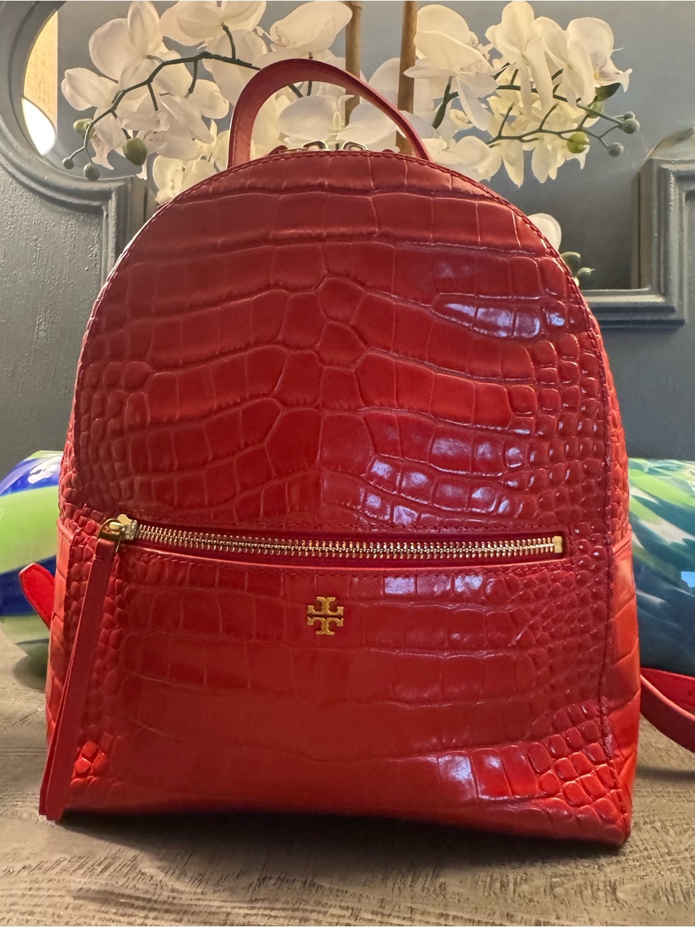 Tory Burch Red Croc-Embossed Leather Backpack Gold Tone Hardware